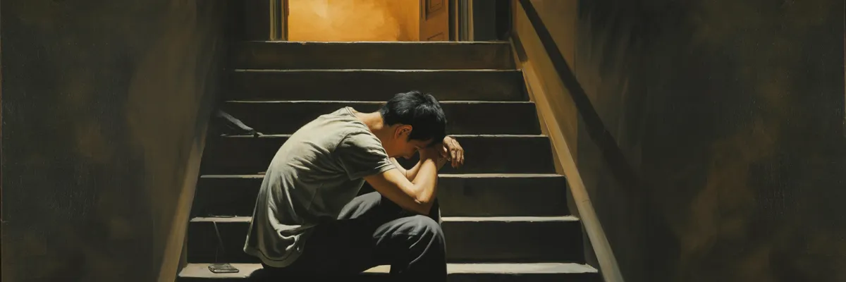 男人坐在暗色樓梯上，頭埋在手裡——他的沉默不是不在乎，是斷路器跳掉了