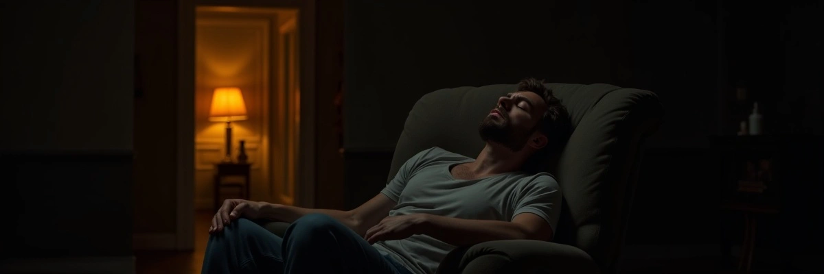 爸爸在暗色客廳沙發上癱倒——他的身體已經先投降了